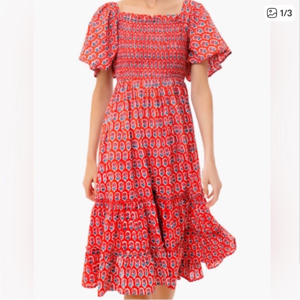 Red Printed Smocked Midi Dress with Flutter Sleeves